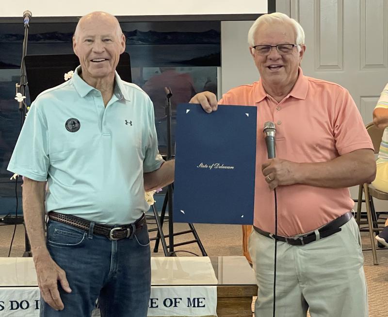 Sen. Gerald Hocker, right, presents a tribute to former Sussex GOP Chair Ron Sams on behalf of the Delaware Senate. SUBMITTED PHOTOS